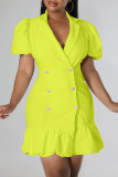 Light Green Casual Sweet Solid Patchwork Buckle Flounce V Neck Straight Dresses