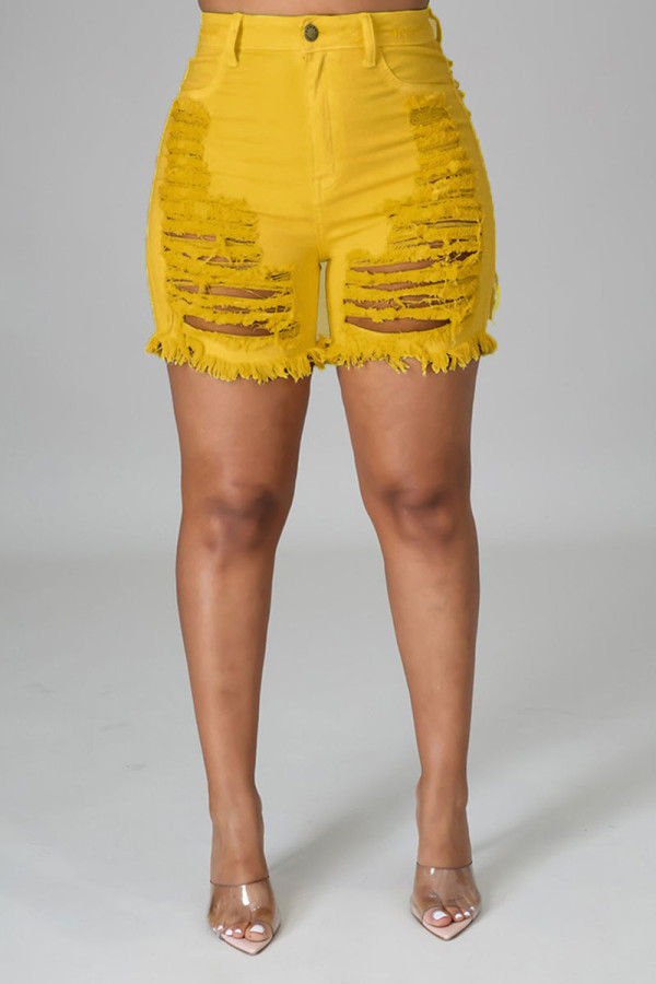 Geel sexy effen doorboord maken oude patchwork knopen hoge taille skinny denim shorts