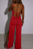 Blauwe Sexy Solid Bandage Patchwork Backless Slit Spaghetti Band Rechte Jumpsuits