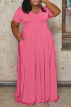 Розово-красные повседневные сплошные лоскутные платья с V-образным вырезом и прямыми платьями больших размеров