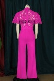 Rose Red Fashion Casual Solid Hollowed Out Patchwork O Neck Regular Jumpsuits