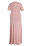 Pink Casual Solid Patchwork V Neck Straight Plus Size Dresses