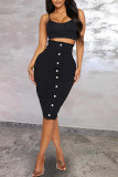 Black Fashion Casual Solid Patchwork Buckle High Waist Skinny Denim Skirts