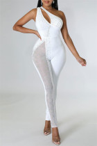 White Fashion Sexy Patchwork Hot Drilling Uitgeholde Backless Skinny Jumpsuits met één schouder
