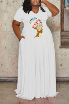 Белые повседневные прямые платья больших размеров в стиле пэчворк с принтом и V-образным вырезом