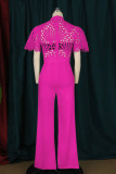 Rose Red Fashion Casual Solid Hollowed Out Patchwork O Neck Regular Jumpsuits