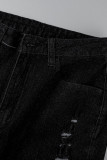 Short jeans reto preto sexy street com borla rasgada make old patchwork cintura alta