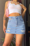 Baby Blue Fashion Casual Solid Ripped Hollowed Out High Waist Regular Denim Skirts
