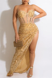 Абрикосовое модное сексуальное платье в стиле пэчворк с блестками, прозрачное платье с открытой спиной и бретельками