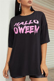 Vestido de camiseta con cuello en O básico con estampado de letras informales de moda negro