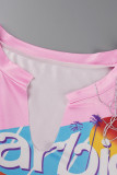 Pink Casual Print Tassel Patchwork V Neck Plus Size Tops