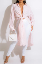 Robe chemise à col rabattu fendue décontractée à la mode rose clair