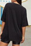 Vestido de camiseta con cuello en O básico con estampado de letras informales de moda negro