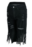 Pantalones cortos de mezclilla rectos de cintura alta con borlas rasgadas de calle sexy negro