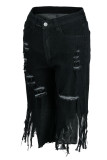 Black Sexy Street Solid Tassel Ripped Make Old Patchwork High Waist Straight Denim Shorts