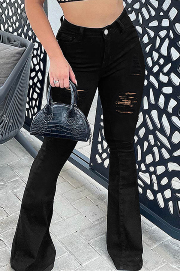 Черные модные повседневные однотонные рваные лоскутные джинсы с высокой талией и обычными джинсовыми джинсами