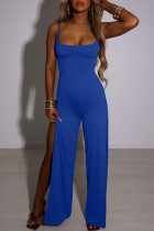 Blauwe Sexy Solid Bandage Patchwork Backless Slit Spaghetti Band Rechte Jumpsuits