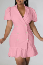 Pink Casual Sweet Solid Patchwork Buckle Flounce V Neck Straight Dresses