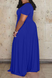 ブルー カジュアル ソリッド パッチワーク Vネック ストレート プラスサイズ ドレス