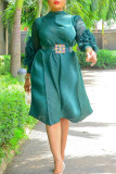 グリーンカジュアルエレガントソリッドパッチワークフォールドストリングセルヴィッチハーフタートルネックAラインプラスサイズのドレス