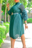 Vestidos verdes elegantes elegantes em patchwork com pregas de cordas meia gola A linha plus size