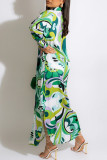 グリーンファッションカジュアルプリントスリットターンダウンカラーシャツドレス