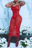 Vestidos de falda de lápiz con correa de espagueti de malla con estampado sexy rojo