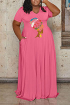 Розово-красные повседневные принты в стиле пэчворк с V-образным вырезом Прямые платья больших размеров