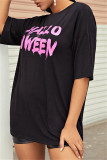 Schwarzes, modisches, lässiges T-Shirt-Kleid mit einfachem O-Ausschnitt und Buchstabendruck