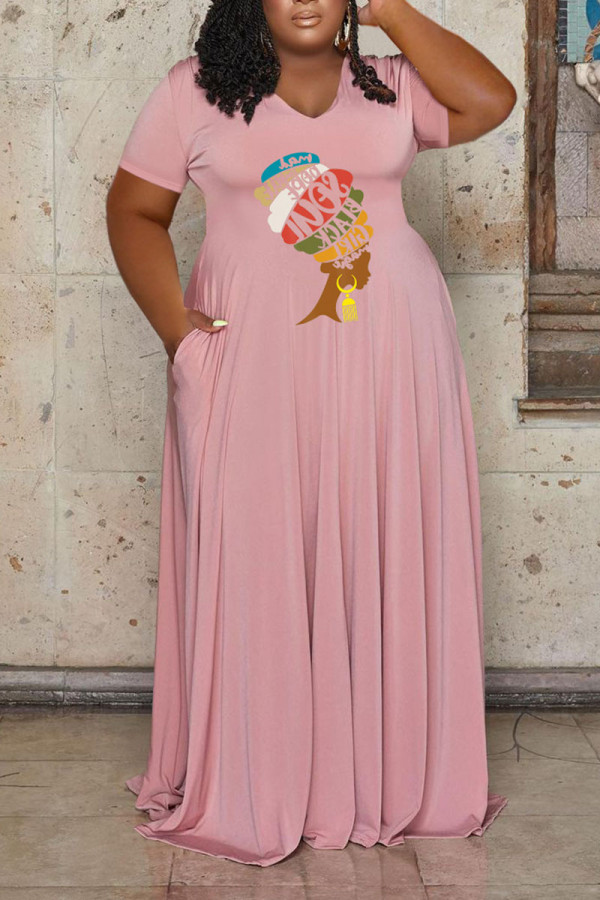 Розовые повседневные принты Пэчворк V-образный вырез Прямые платья больших размеров