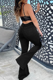 Zwarte mode casual effen gescheurde patchwork hoge taille regular denim jeans