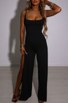 Zwarte Sexy Solid Bandage Patchwork Backless Slit Spaghetti Band Rechte Jumpsuits