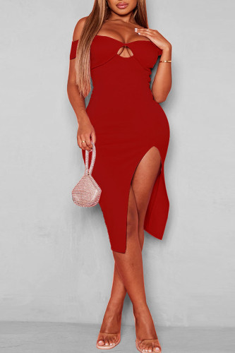 Red Sexy Solid Hollowed Out Patchwork Slit Off the Shoulder Straight Dresses