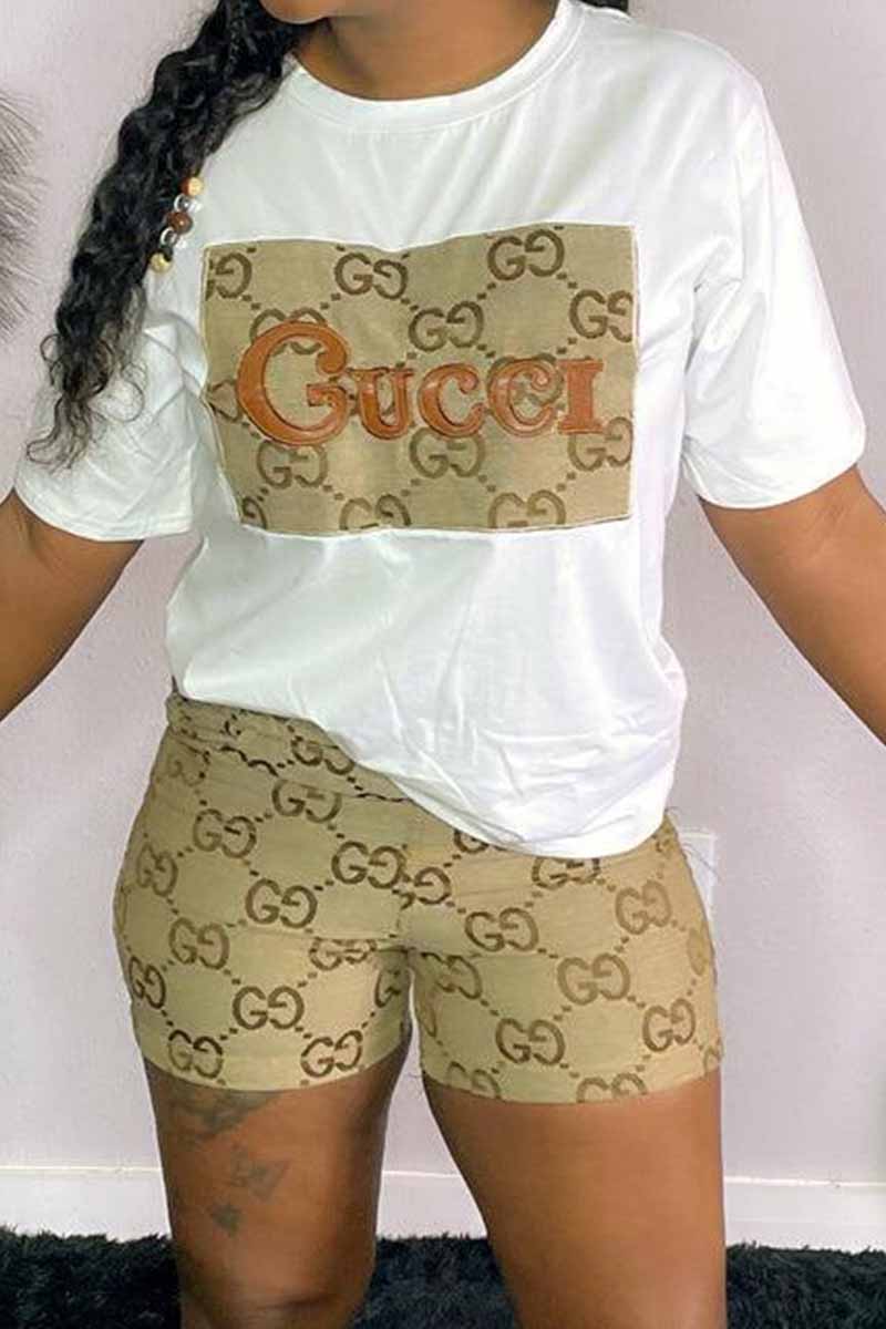 

White Fashion Casual Print Embroidered Letter O Neck Short Sleeve Two Pieces