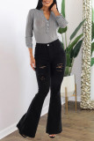 Moda preta casual sólido rasgado retalhos cintura alta jeans regular
