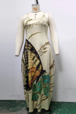 Multicolor sexy casual plus size vlinderprint backless spaghettibandjes lange jurk
