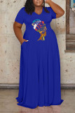 Vestidos azuis com estampa casual patchwork decote em v reto plus size