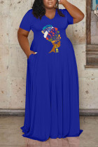 Синий Повседневный принт Пэчворк V-образный вырез Прямые платья больших размеров