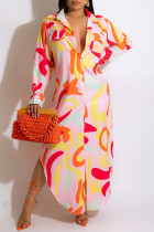 オレンジファッションカジュアルプリントスリットターンダウンカラーシャツドレス