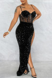 Black Fashion Sexy Patchwork Sequins See-through Backless Spaghetti Strap Irregular Dress