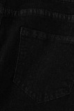 Zwarte sexy straat effen kwast gescheurd maken oude patchwork hoge taille rechte denim shorts