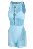 Light Blue Sexy Solid Hollowed Out Patchwork See-through O Neck Regular Rompers