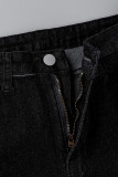Black Sexy Street Solid Tassel Ripped Make Old Patchwork High Waist Straight Denim Shorts