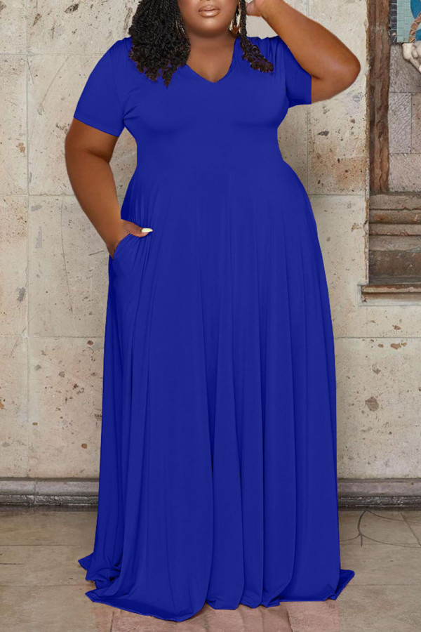 ブルー カジュアル ソリッド パッチワーク Vネック ストレート プラスサイズ ドレス