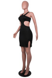Черное модное сексуальное однотонное платье без рукавов с вырезом на спине и круглым вырезом