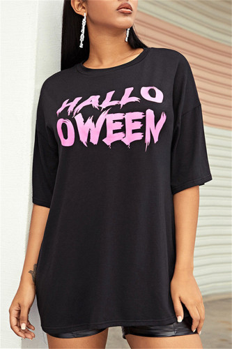 Black Fashion Casual Letter Print Basic O Neck T-shirt Dress