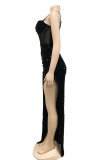 ブラックファッションセクシーなパッチワークスパンコールシースルーバックレススパゲッティストラップ不規則なドレス
