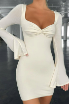ホワイトセクシーソリッドパッチワークVネックペンシルスカートドレス