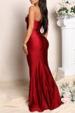 赤いファッションセクシーなソリッドバックレスワンショルダーイブニングドレスドレス