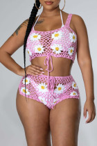 Pink Sexy Solid Embroidered Bandage Hollowed Out Patchwork Two Pieces